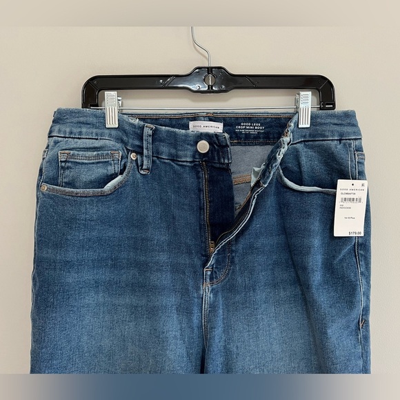 Good American NWT Soft Tech Good Legs Raw Hem Crop Mini Bootcut Jeans, 14-18+ - Picture 8 of 11